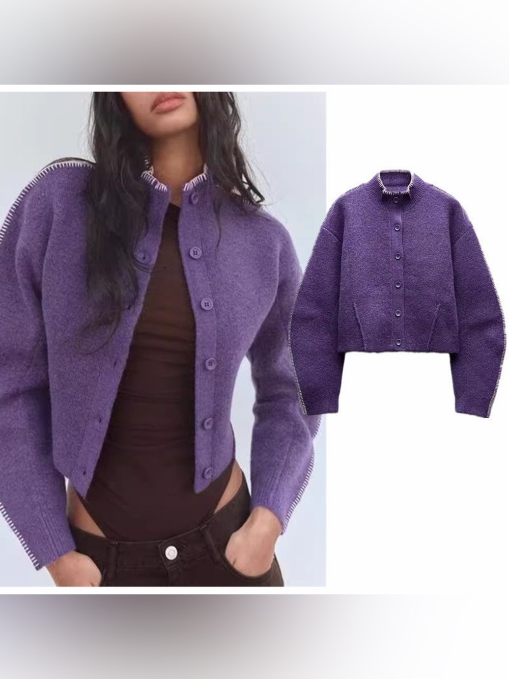 Zara Stitch Detail Purple Cardigan Sweater Size Medium Like New